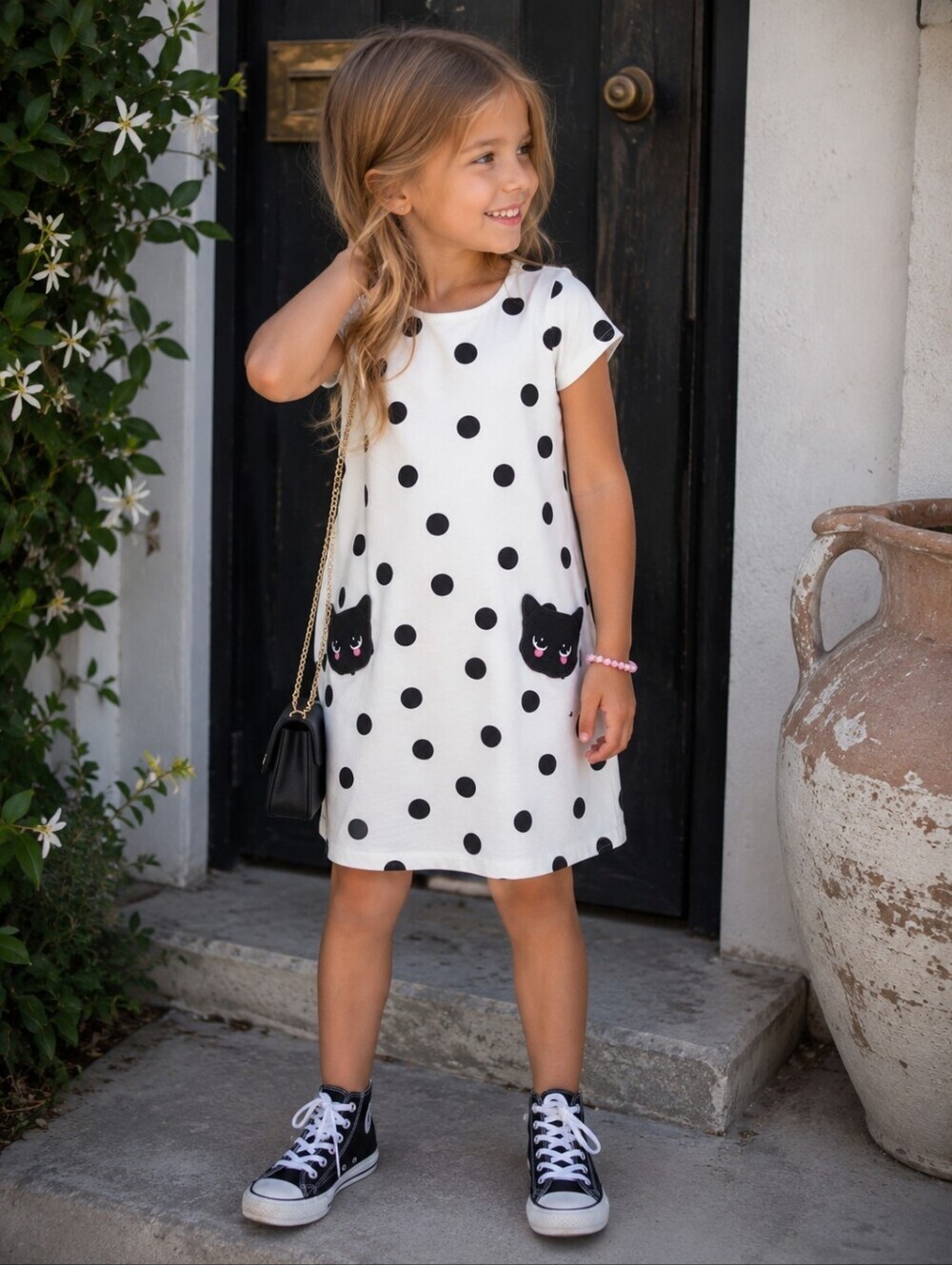 H&M Girls Black Cat Pocket Polka Dot Dress Size 6–8Y